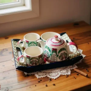 traditional-indian-tea-set-with-decorative-tray-porcelain-peacock-design-5-piece-set-including-teapot