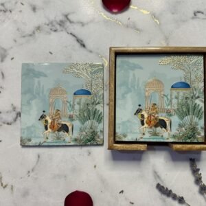 Hand-Painted Decorative Coaster Set – Royal Palace & Horse Rider Motif – Ethnic Table Décor (Set of 06)