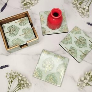 Decorative Handcrafted Tree Pattern Coaster Set with Holder (Set of 06)