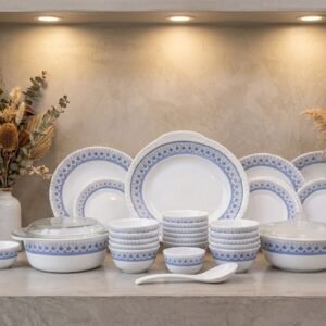 Blue Geometric Border - 67 Pieces Dinnerware Set with Serving Bowls and Lids