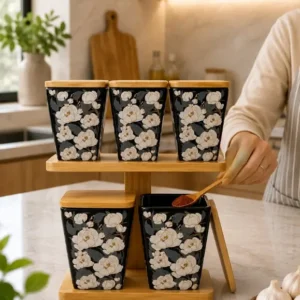 The Cove Tales Flora Noir Ceramic Kitchen Jar Set with Wooden Stand (Set of 5)
