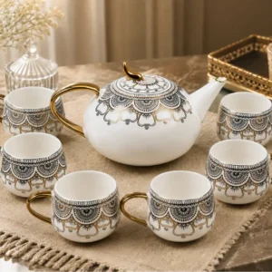 Royal Mandala Gold & Black Porcelain Tea Set (7-Piece Set: 1 Teapot with Lid & 6 Cups)