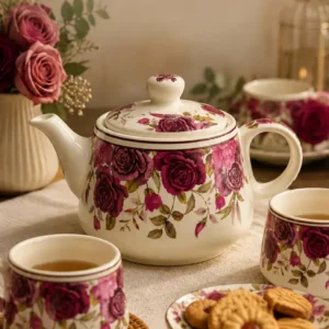 Vintage Floral Bloom Ceramic Tea Set (7-Piece Set: 1 Teapot with Lid & 6 Cups)